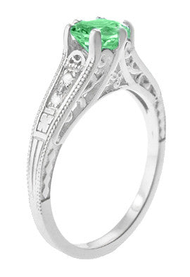 Antique Deco Style Filigree Spearmint Green Tourmaline and Diamond Engagement Ring in 14 Karat White Gold - alternate view