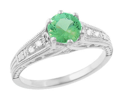 Vintage Light Spearmint Green Tourmaline Engagement Ring in White Gold with Side Diamonds 1920's Art Deco Replica - R158TO