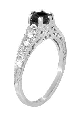 Gothic Black Diamond Engagement Ring in White Gold with Filigree Details - R158WBD