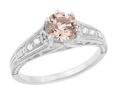 Filigree 1920's Art Deco Antique Morganite Engagement Ring with Side Diamonds in 14K White Gold - R158WM