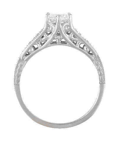 Art Deco White Sapphire Scroll Filigree Engagement Ring in 14 Karat White Gold - Item: R158WS - Image: 3