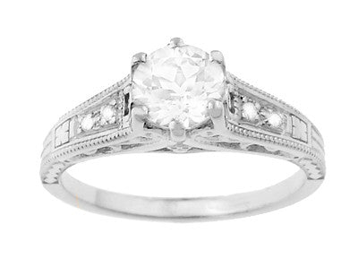 Art Deco White Sapphire Scroll Filigree Engagement Ring in 14 Karat White Gold - Item: R158WS - Image: 4