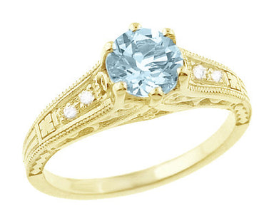 Vintage Yellow Gold Aquamarine Engagement Ring with Diamonds on Sides - 1920's Art Deco Filigree - R158YA