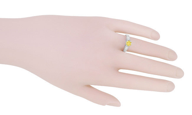 Art Deco Yellow Sapphire and Diamond Filigree Engagement Ring in 14 Karat White Gold - Item: R158YES - Image: 6