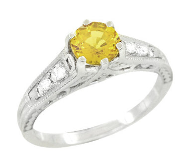 Filigree Art Deco Vintage Yellow Sapphire Engagement Ring with Side Diamonds in 14K White Gold - R158YES