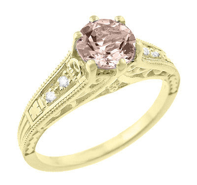 Art Deco 14K Yellow Gold Antique Style Morganite and Diamond Engagement Ring - Item: R158YM - Image: 2