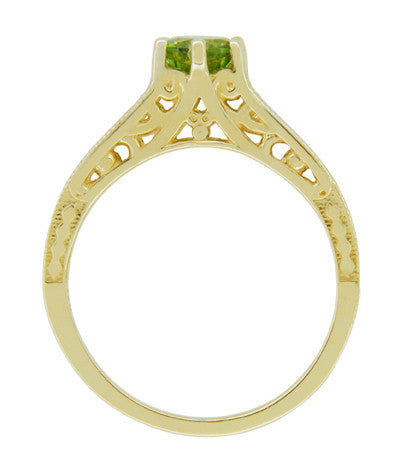 Art Deco Filigree Peridot and Diamond Engagement Ring in 14 Karat Yellow Gold - Item: R158YPER - Image: 4