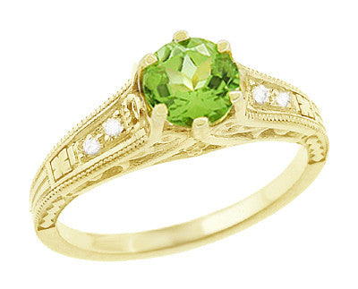 Art Deco Filigree Vintage Yellow Gold Peridot Engagement Ring with Diamonds on Sides - R158YPER 