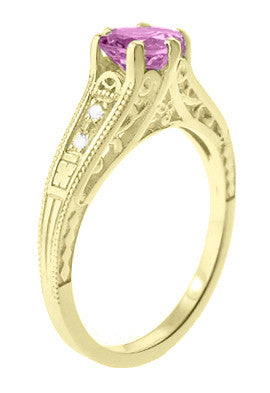 Antique Style Pink Sapphire and Diamonds Filigree Art Deco Engagement Ring in 14 Karat Yellow Gold - Item: R158YPS - Image: 3
