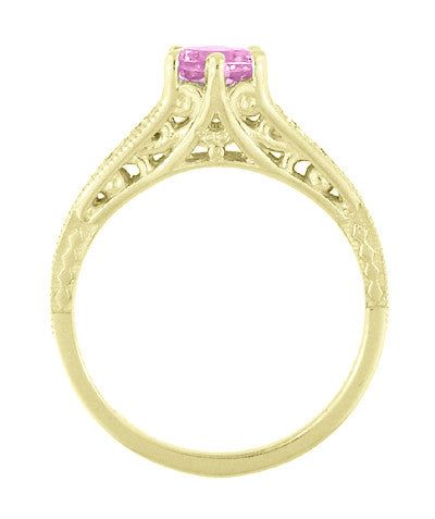 Antique Style Pink Sapphire and Diamonds Filigree Art Deco Engagement Ring in 14 Karat Yellow Gold - Item: R158YPS - Image: 4