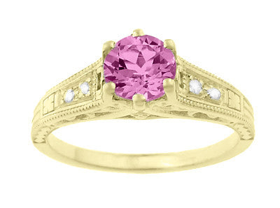 Antique Style Pink Sapphire and Diamonds Filigree Art Deco Engagement Ring in 14 Karat Yellow Gold - Item: R158YPS - Image: 5