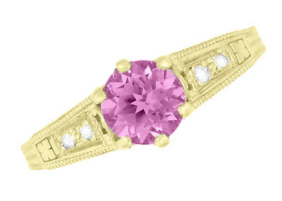 Antique Style Pink Sapphire and Diamonds Filigree Art Deco Engagement Ring in 14 Karat Yellow Gold - Item: R158YPS - Image: 6
