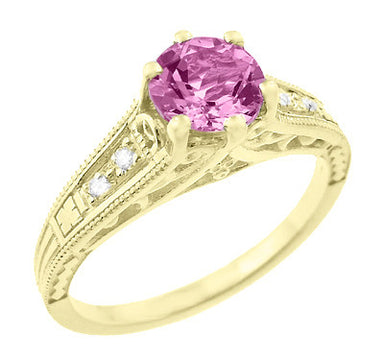 Antique Style Pink Sapphire and Diamonds Filigree Art Deco Engagement Ring in 14 Karat Yellow Gold - alternate view
