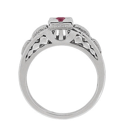 Art Deco Engraved Ruby Engagement Ring in Platinum - Low Profile Vintage Design - Item: R160PR - Image: 4