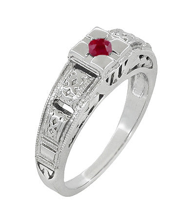 Art Deco Engraved Ruby Engagement Ring in Platinum - Low Profile Vintage Design - Item: R160PR - Image: 2