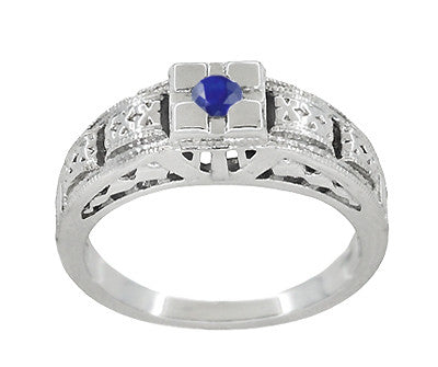 Art Deco Platinum Carved Filigree Low Profile Blue Sapphire Engagement Ring - Item: R160PS - Image: 3
