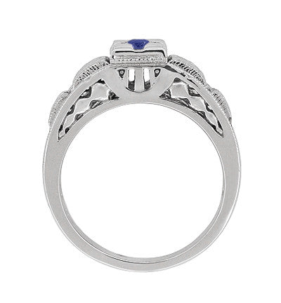 Art Deco Platinum Carved Filigree Low Profile Blue Sapphire Engagement Ring - Item: R160PS - Image: 4