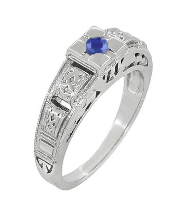 Art Deco Platinum Carved Filigree Low Profile Blue Sapphire Engagement Ring - alternate view