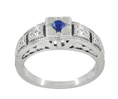 Art Deco Filigree Engraved Blue Sapphire Ring in 14 Karat White Gold - Item: R160WS - Image: 3