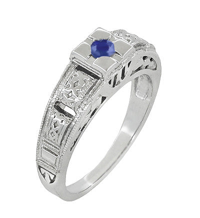 Art Deco Filigree Engraved Blue Sapphire Ring in 14 Karat White Gold - Item: R160WS - Image: 2