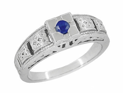 Art Deco Filigree Engraved Blue Sapphire Ring in 14 Karat White Gold