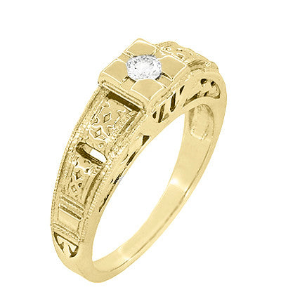 Yellow Gold Art Deco Engraved Tiered Filigree Diamond Engagement Ring - 14K or 18K - Item: R160Y-LC - Image: 3