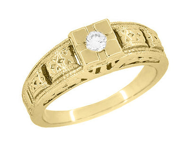 Art Deco Engraved Tiered Filigree Yellow Gold Vintage Diamond Engagement Ring - Low Profile 14K or 18K - R160Y