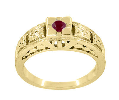 Floral Carved Art Deco Ruby Filigree Ring in 14 Karat Yellow Gold - Item: R160YR - Image: 3
