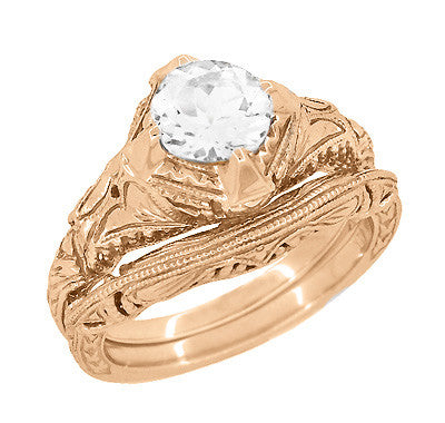 Art Deco Rose Gold 3/4 Carat White Sapphire Engraved Filigree Engagement Ring - Item: R161R75WS - Image: 3