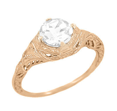 Art Deco Rose Gold 3/4 Carat White Sapphire Engraved Filigree Engagement Ring
