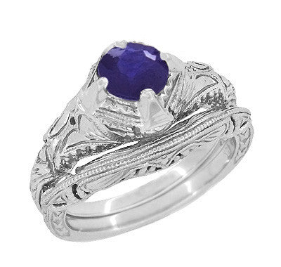Art Deco Blue Iolite Engraved Filigree Engagement Ring in 14 Karat White Gold - Item: R161W75i - Image: 3