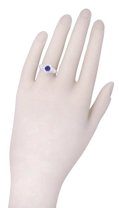 Art Deco Blue Iolite Engraved Filigree Engagement Ring in 14 Karat White Gold - Item: R161W75i - Image: 4