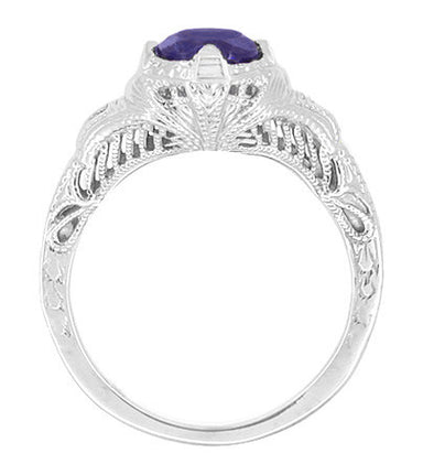 Art Deco Blue Iolite Engraved Filigree Engagement Ring in 14 Karat White Gold - alternate view