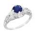 Art Deco Blue Sapphire Engraved Filigree Engagement Ring in 14 Karat White Gold