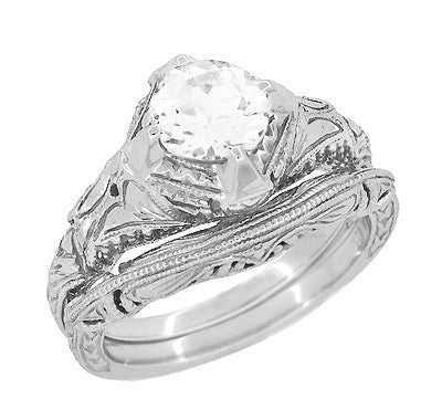 Art Deco Engraved Filigree White Sapphire Engagement Ring in 14 Karat White Gold - Item: R161W75WS - Image: 3