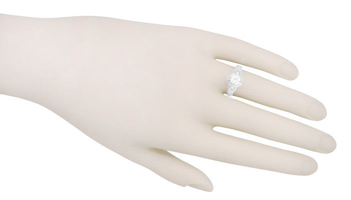 Art Deco Engraved Filigree White Sapphire Engagement Ring in 14 Karat White Gold - Item: R161W75WS - Image: 4
