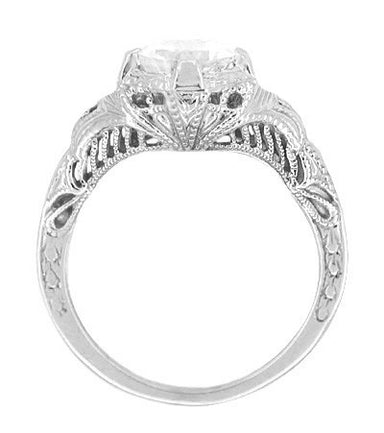 Art Deco Engraved Filigree White Sapphire Engagement Ring in 14 Karat White Gold - alternate view