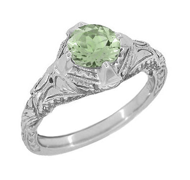 Art Deco Vintage Engraved Filigree 1 Carat Green Sapphire Engagement Ring in 14 Karat White Gold