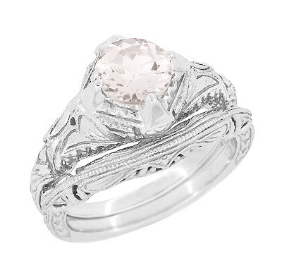 Art Deco Engraved Filigree Morganite Engagement Ring in 14 Karat White Gold - Item: R161WM - Image: 3