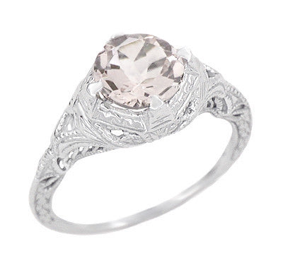 Art Deco Engraved Filigree Morganite Engagement Ring in 14 Karat White Gold