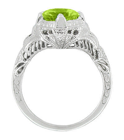 Art Deco Engraved Filigree 1.5 Carat Peridot Engagement Ring in 14 Karat White Gold - Item: R161WPER - Image: 2