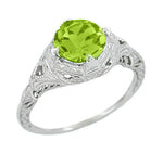 Art Deco Engraved Filigree 1.5 Carat Peridot Engagement Ring in 14 Karat White Gold