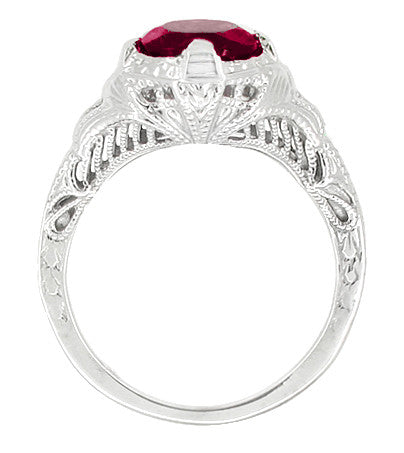 Art Deco Rubellite Tourmaline Engraved Filigree Engagement Ring in 14 Karat White Gold - Item: R161WRT - Image: 2