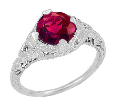 Art Deco Rubellite Tourmaline Engraved Filigree Engagement Ring in 14 Karat White Gold