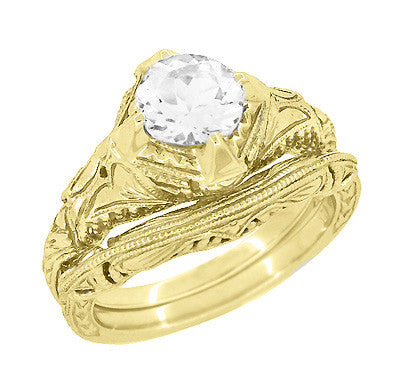 14 Karat Yellow Gold Art Deco White Sapphire Engraved Filigree Engagement Ring - Item: R161Y75WS - Image: 3