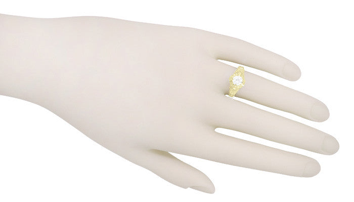 14 Karat Yellow Gold Art Deco White Sapphire Engraved Filigree Engagement Ring - Item: R161Y75WS - Image: 4