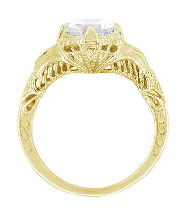 14 Karat Yellow Gold Art Deco White Sapphire Engraved Filigree Engagement Ring - alternate view