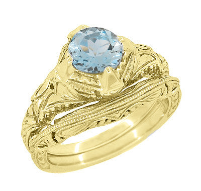 Art Deco 1.25 Carat Aquamarine Engraved Filigree Engagement Ring in 14 Karat Yellow Gold - Item: R161YA - Image: 3