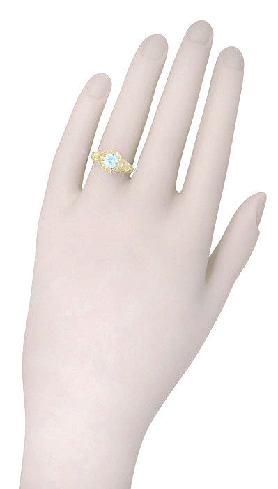 Art Deco 1.25 Carat Aquamarine Engraved Filigree Engagement Ring in 14 Karat Yellow Gold - Item: R161YA - Image: 4