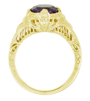 Art Deco 1 Carat Amethyst Engraved Filigree Engagement Ring in 14 Karat Yellow Gold - alternate view